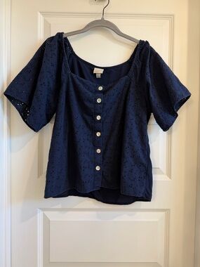 Navy Eyelet Button-Front Women's Top